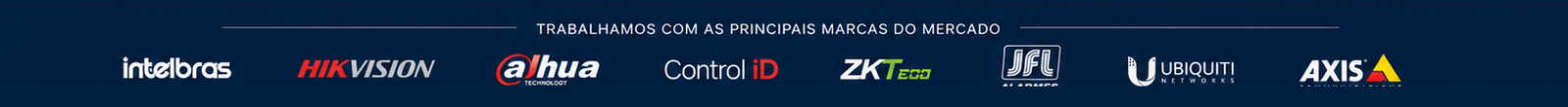 Trabalhamos com as principais marcas do mercado: Intelbras, Hikvision, Dahua, Control iD, ZKTeco, JFL Alarmes, Ubiquiti e Axis